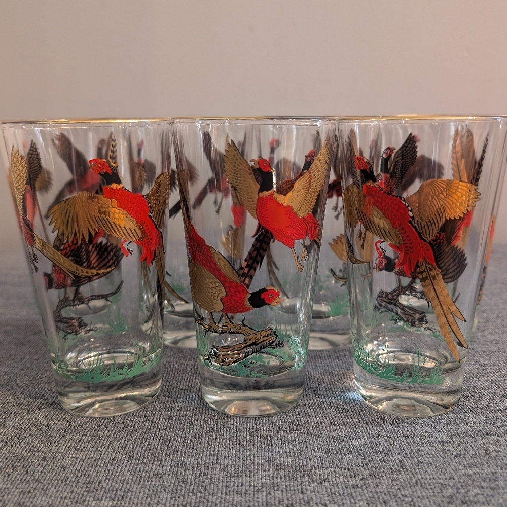 Vintage Hazel Atlas Drinking Glasses with Gold Rim, Set of 7